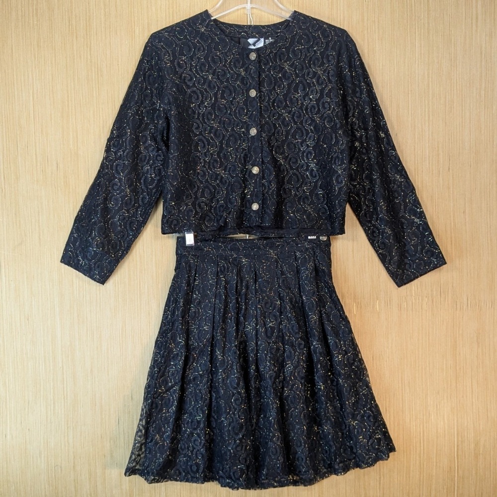 Urban Outfitters Vintage Womens Black Gold Metallic Lace Skirt Jacket Set Small‎